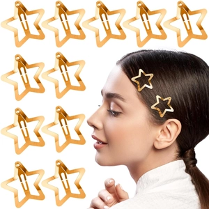 Detailed view of 3cm golden star hair clips shown as product set and on model hair