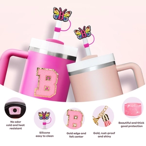 Pink butterfly straw topper and letter B charm accessory kit for Stanley tumblers