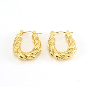 Detailed close-up of 18K gold plated stainless steel hoop earrings with twisted rope texture