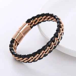 Men's braided black leather bracelet with rose gold steel chain and magnetic clasp