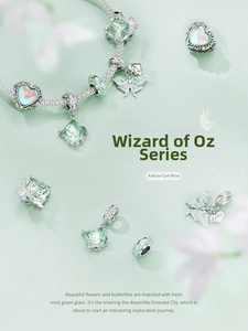 Detailed shot of Wizard of Oz mint green 925 silver charms on a snake chain bracelet