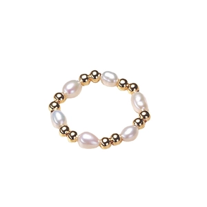French retro elastic freshwater pearl ring with gold metal beads for women jewelry