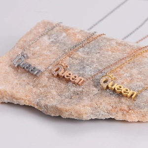 Elegant Queen crown letter pendant necklace with rhinestones in gold, silver, and rose gold
