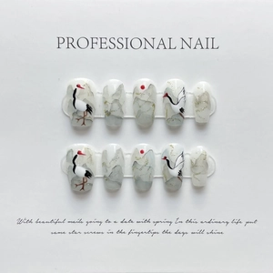 Handmade Chinese Style Press On Nails Inky Landscape Crane Design Painted Coffin Shape Elegant Beauty Fake Nails For Women