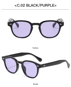 Vues détaillées de lunettes de soleil rondes vintage noires avec verres violets et rivets