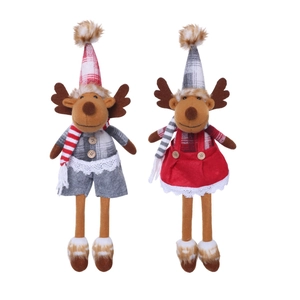 Christmas plush elk dolls set featuring red and grey plaid outfits on white background