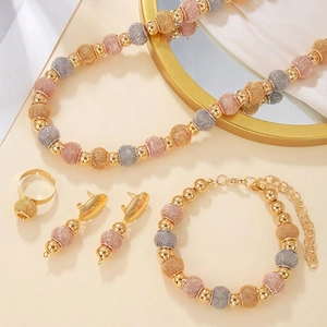 Three-tone mesh ball jewelry set with necklace, bracelet, earrings and ring in gold finish