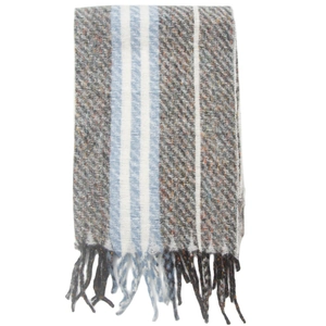 Detail view of the soft grey, brown, and blue striped knit scarf with decorative fringe