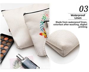 Detail of waterproof linen cosmetic bag showing floral digital print and fabric texture