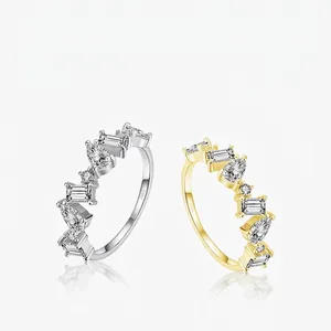 925 Sterling Silver Ring Irregular Geometric Sparkling Cubic Zirconia Pear Rectangular Round Cut Elegant Jewelry Women