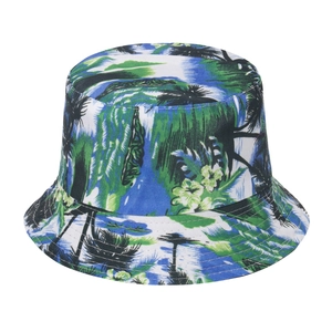 Reversible bucket hat with tropical palm tree print for summer sun protection outdoors