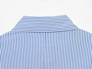 Close-up of the back collar on a blue and white striped slim fit shirt for women