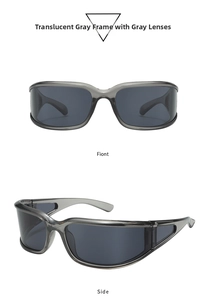 Front and side view of Y2K wrap-around sports sunglasses with transparent gray frames