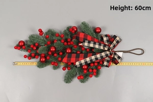 Detail of 60cm Christmas teardrop swag with red berries and checkered bow decor