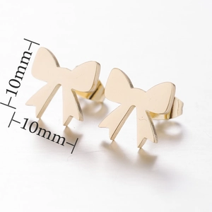 Golden bow stud earrings in polished finish, 10mm x 10mm minimalist jewelry for women