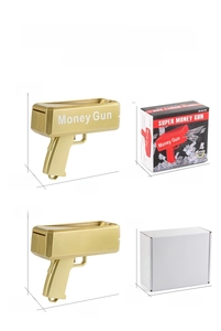 Detailed dimensions and packaging options for the golden electric money spray gun toy