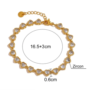 Gold heart bracelet with zircon pendant, 16.5+3cm length and lobster clasp detail