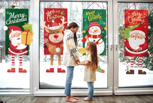 Vertical Christmas hanging flags with Santa and reindeer motifs for festive home decor
