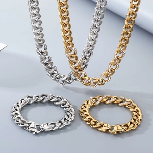 Gold and silver Cuban link chain necklace and bracelet set with sparkling rhinestones