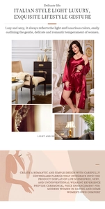 Detailed view of luxury red satin three-piece pajama set including robe and lace camisole