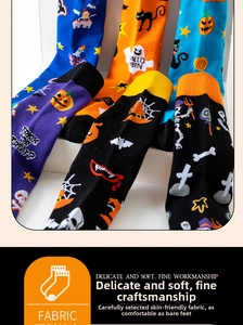 Detail of Halloween socks showing soft cotton texture and knit pumpkin ghost patterns
