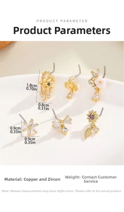 Detailed view of L-shaped nose studs set featuring moon and floral zircon charms