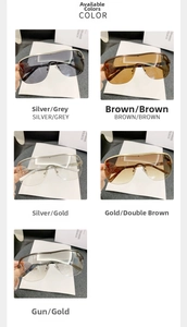 Detailed grid display of semi-rimless sunglasses in silver, gold, and brown lens options