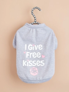 Close-up of light grey cotton pet vest with I Give Free Kisses print on pearl hanger