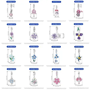 Detailed size chart for floral and animal charm pendants with precise dimensions