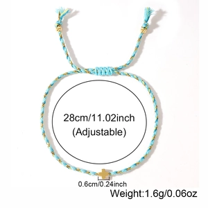 Handmade woven light blue and gold cross bracelet with adjustable sliding cord for women