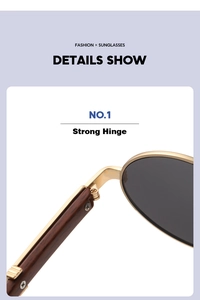 Detailed macro view of the strong golden metal hinge on vintage wood grain sunglasses