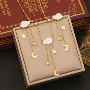 Gold Plated Stainless Steel Cloud Star Moon Tassel Necklace Earrings Zircon Dainty Geometric Jewelry For Women