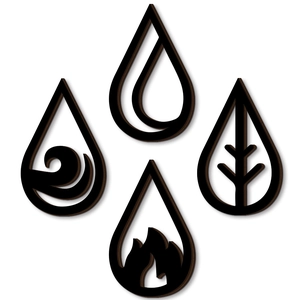 Set of 4 black wooden water drop wall art pieces featuring four natural elements