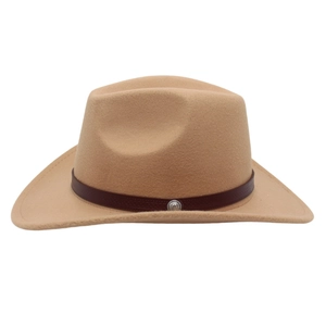Classic camel wool felt cowboy hat with dark brown leather belt and silver metal buckle