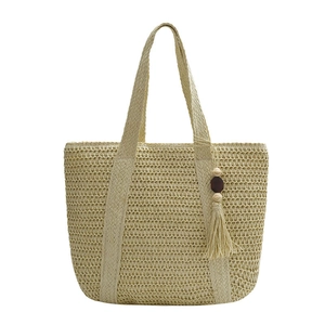 Beige woven straw tote bag with boho fringe tassel and wooden beads for summer beach