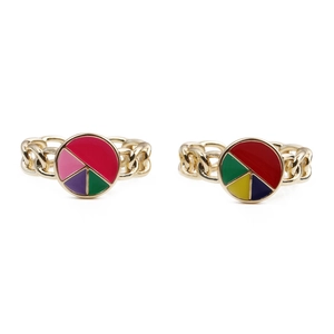 Detail of gold-plated chain rings featuring colorful round enamel inlay designs