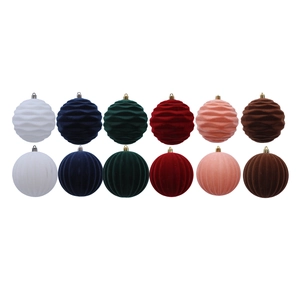 Flocked 10cm Christmas balls with wave and vertical stripes in six vibrant colors