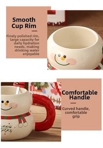 Detail view of the thick ceramic rim and ergonomic red handle on the snowman Christmas mug
