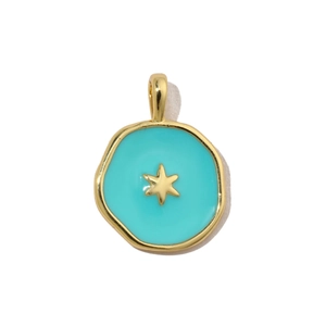 Detail of a gold-edged turquoise enamel pendant with an elegant star design