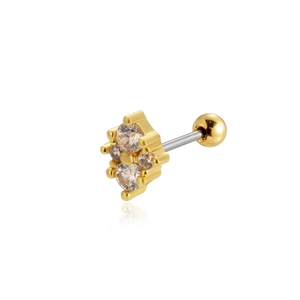 Detailed view of a gold-plated stud earring with clear crystals and ball screw back