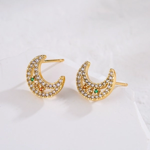 18K gold plated crescent moon stud earrings with micro-paved zircons and star cutout