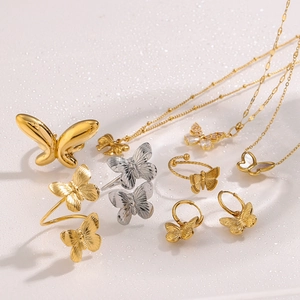 Elegant 18k gold plated butterfly jewelry set with necklace earrings and rings