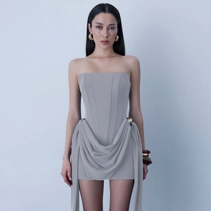 Sleepless strapless gray mini dress with golden buckles and waist draping for women