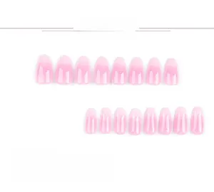 Detail view of 24 pieces of glossy pink gradient almond-shaped press-on artificial nails