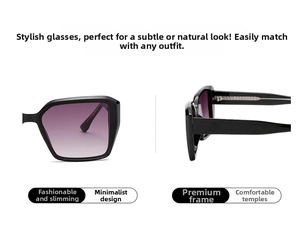 Detail view of square black sunglasses with purple gradient lenses from multiple angles