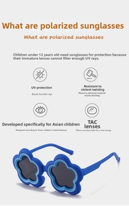 Detail of blue flower-shaped flexible kids sunglasses with TAC polarized protective lenses