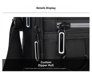 Detail view of smooth metal zipper head on durable black oxford fabric shoulder bag