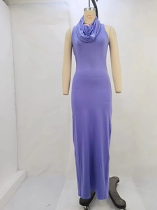Detail view of purple sleeveless bodycon dress featuring a high draped cowl neckline