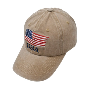 Detailed close-up of American flag and USA embroidery on vintage washed cotton baseball cap