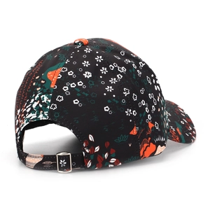 Rear view of floral print baseball cap with black base and metal adjustable strap buckle